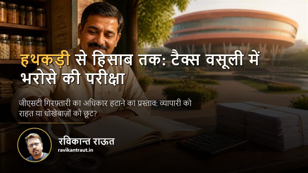 जीएसटी गिरफ़्तारी — व्यापारी के बहीखाते के पास रखी हथकड़ी